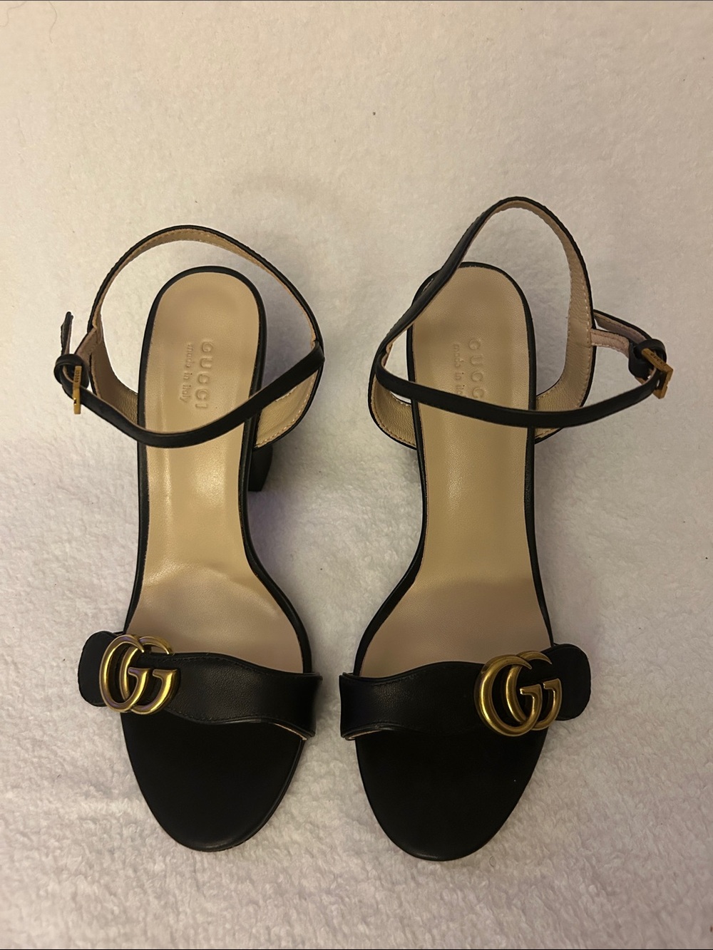 Gucci Black Leather GG Logo Ankle Strap Heels with Gold Hardware